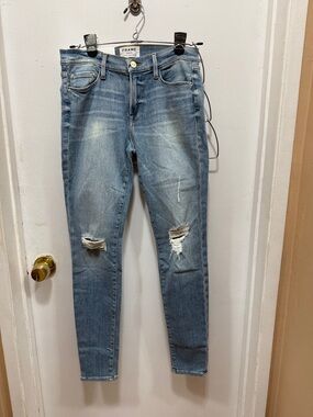 Frame Denim Mid Wash Ripped Skinny Jeans - Light Blue